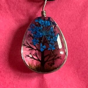 Elegant Blue Tree of Life Pressed Floral Resin Pendant Necklace